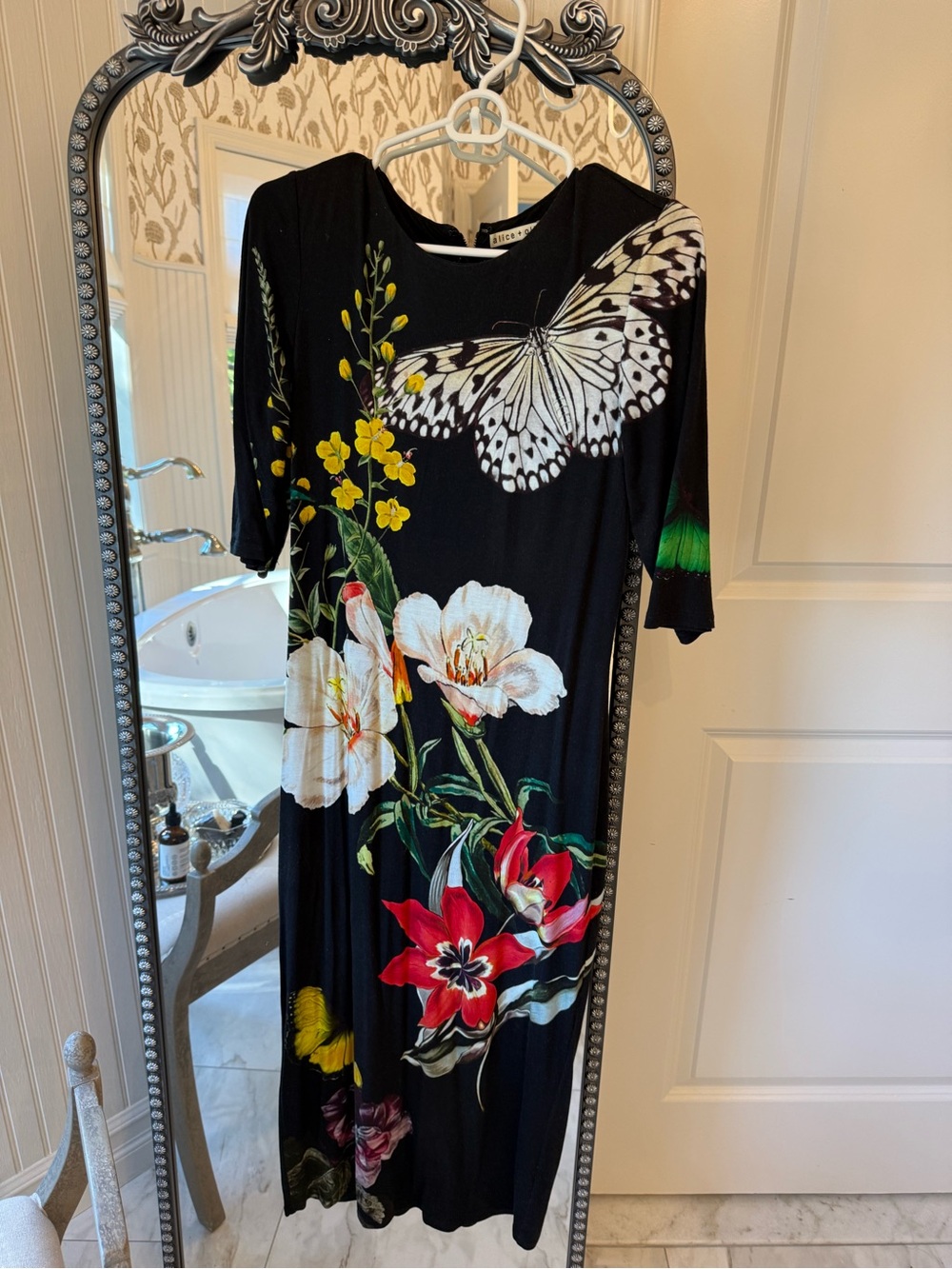 Floral & Butterfly Print Black Midi Dress. Alice and Olivia size L